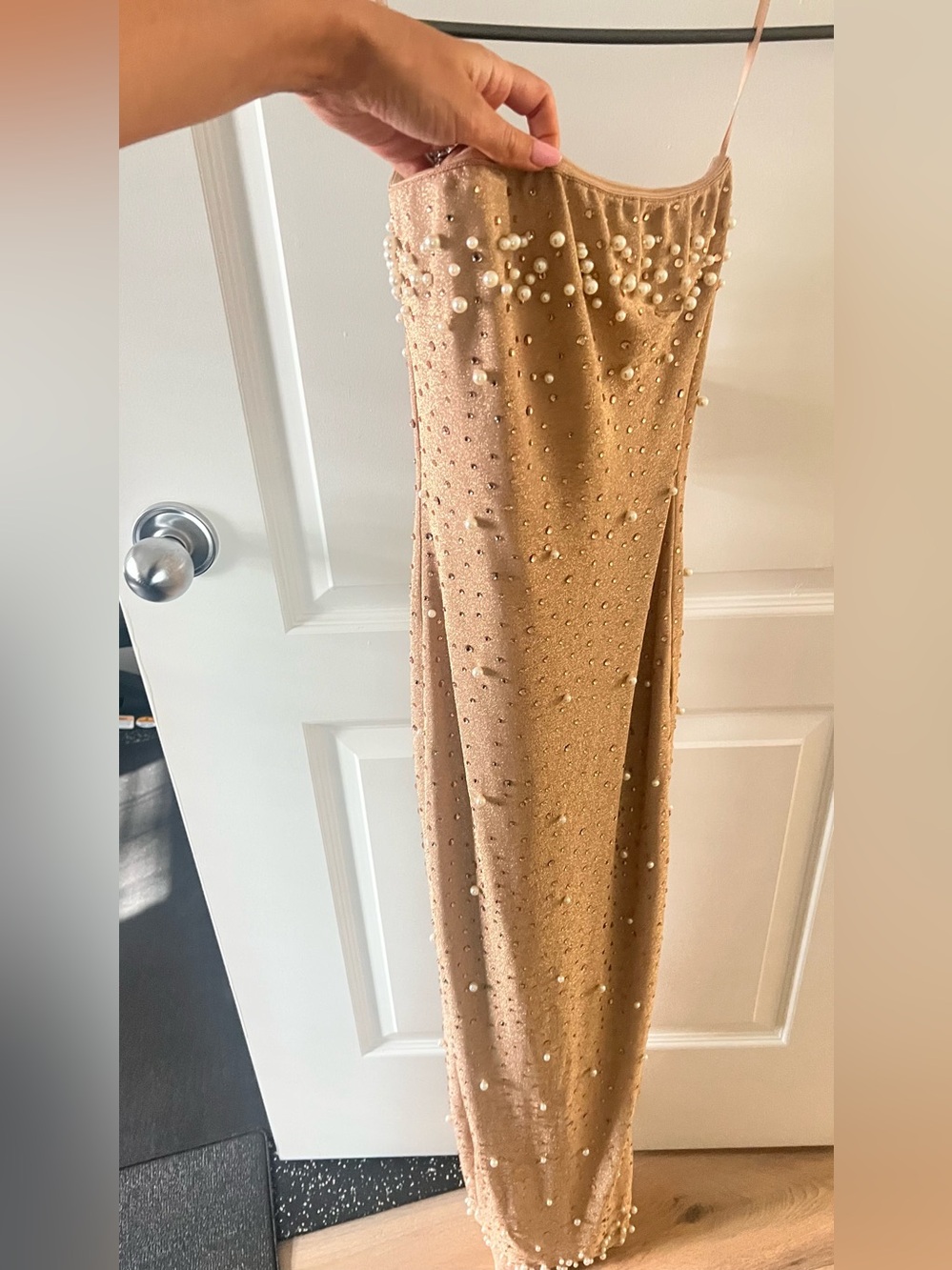 PrettyLittleThing Nude Pearl-Embellished Strapless Dress